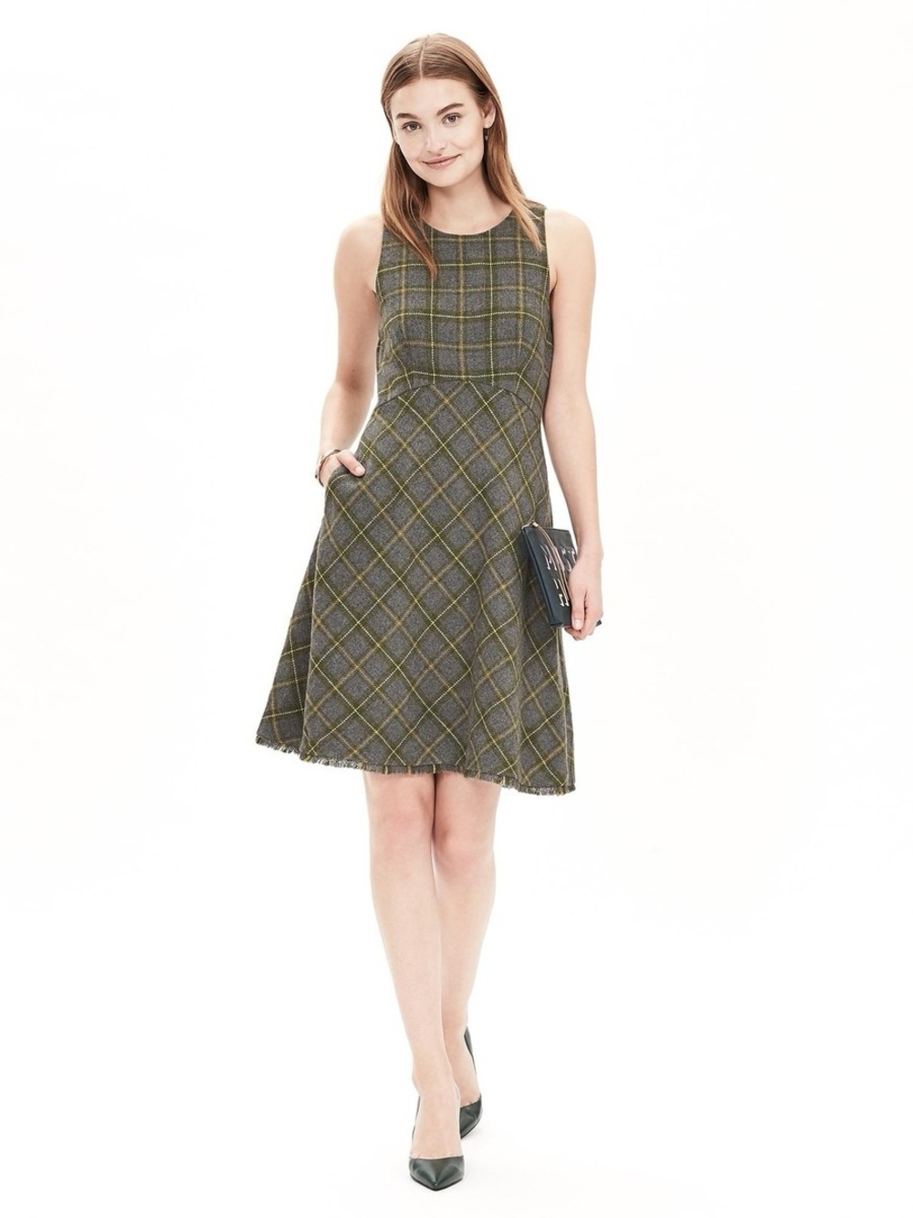 Banana Republic Sleeveless Plaid Fit-and-Flare Wool Dress-Gray Sky-Women Size 10 - Picture 2 of 7
